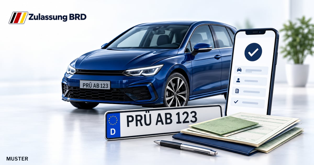 Online Fahrzeugzulassung in Prüm: Musterkennzeichen PRÜ AB 123, Auto und Fahrzeugpapiere und Smartphone. Illustration mit Logo von Zulassung BRD.